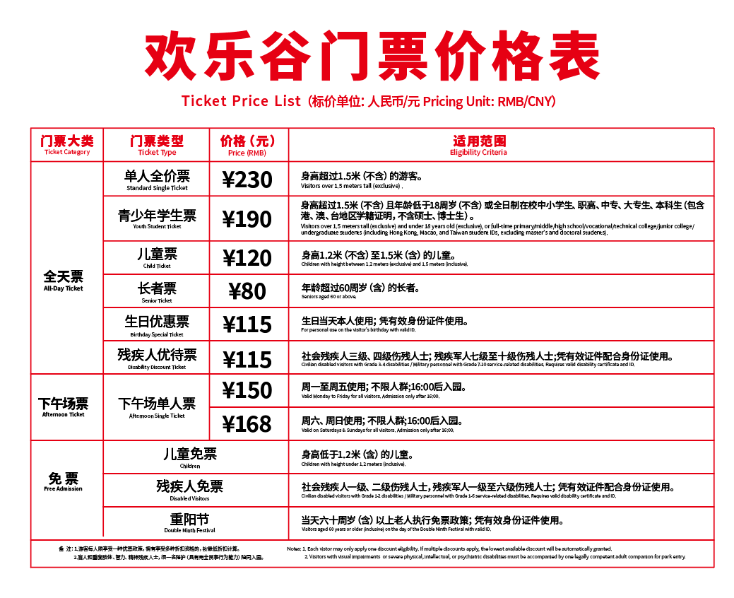 欢乐谷门票价格表